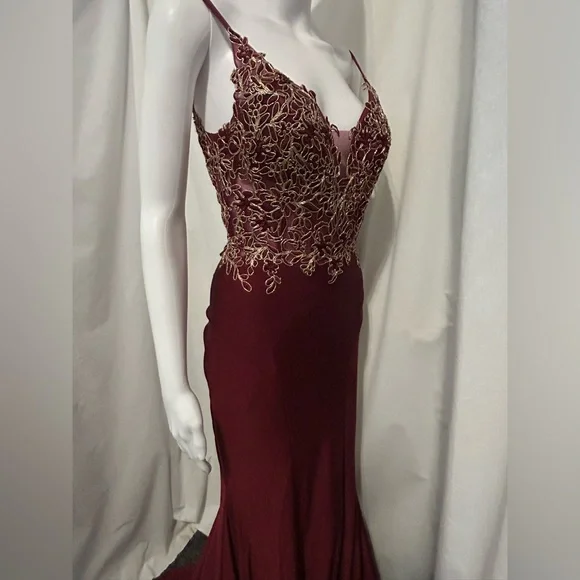 Let’s Sz XS Elegant Burgundy Dress Gold Embroidery Whimsigoth Romantic Dark Goth - Picture 6 of 14